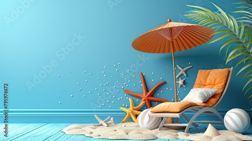 A chaise longue with an umbrella under palm leaves on a blue background. photo
