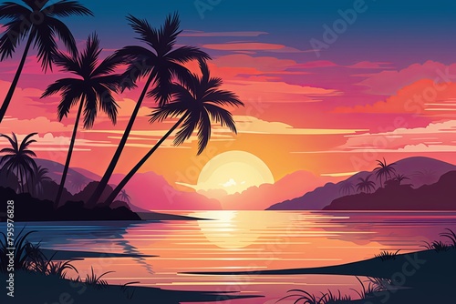 Tropical Island Sunset Gradients  Serene Coastline Gradation