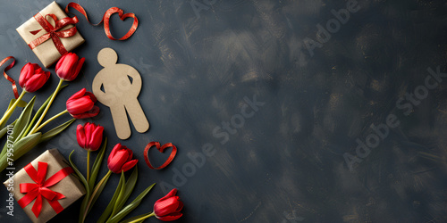 Bouquet of red tulips on a wooden background with a red box. Mother's day background.Valentine's day #795977011