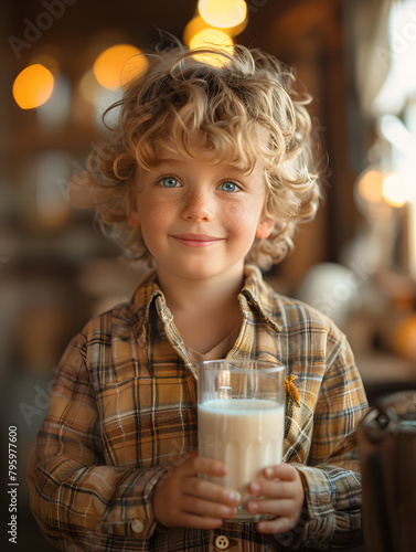a happy 4 year old boy is drinking a glass of milk