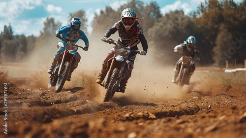 Motocross riders in action on the ground