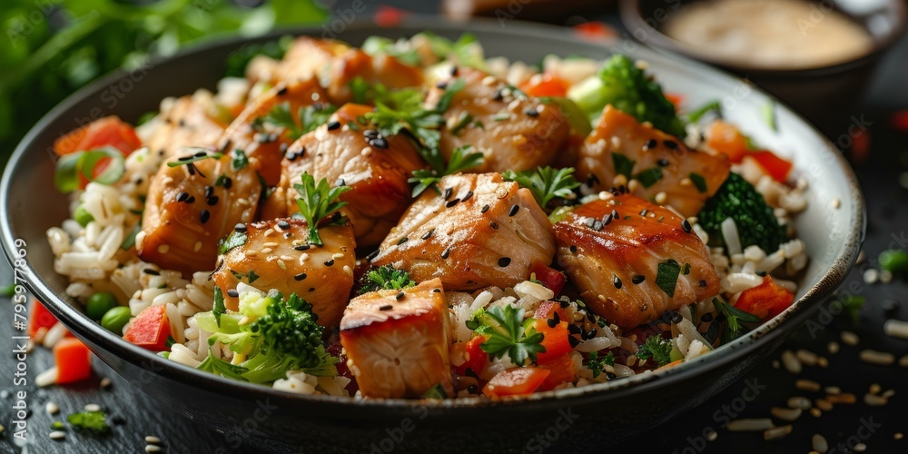 b'Salmon Teriyaki with Steamed Rice and Vegetables' b'Salmon Teriyaki with Steamed Rice and Vegetables'