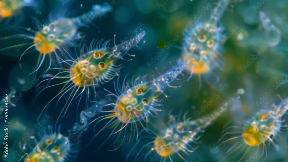 A group of ciliates microscopic organisms with hairlike structures called cilia are seen under a microscope. The ciliates move rapidly . AI generation. A group of ciliates microscopic organisms with hairlike structures called cilia are seen under a microscope. The ciliates move rapidly . AI generation.