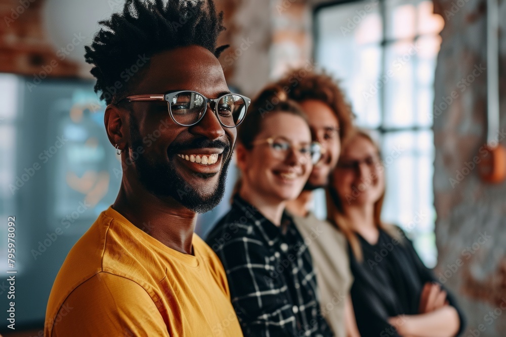 Portrait of a smiling African-American man wearing glasses standing in front of his colleagues Portrait of a smiling African-American man wearing glasses standing in front of his colleagues