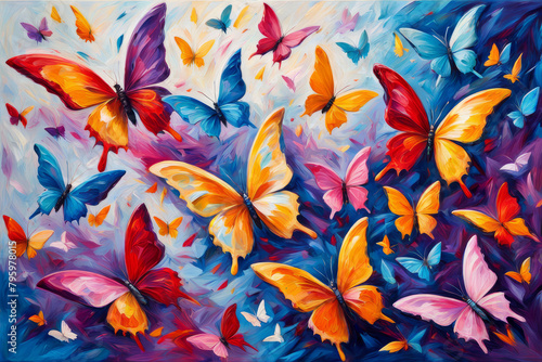 Vivid Butterfly Flight: Colorful Oil Paint Art with Various Sizes and Shapes, Shades of Blue, Yellow, Orange, Pink, Purple, Red on Abstract Background
