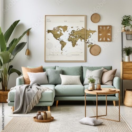 b'A stylish living room with a large world map on the wall'
