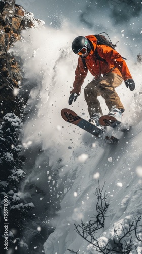 b'Man in orange jacket snowboarding down a steep mountain slope'