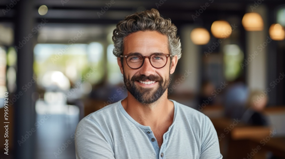 b'Portrait of a smiling man with glasses' b'Portrait of a smiling man with glasses'