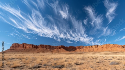 b'Rock formations under a blue sky with white clouds'