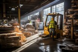 b'A worker operates a forklift in a warehouse'