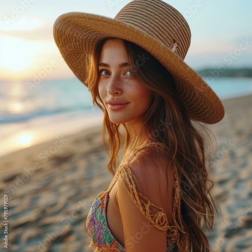 b'Beautiful young woman in a straw hat standing on the beach and smiling'
