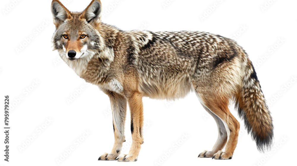  The coyote stands tall and proud in its natural habitat, set against the stark white background