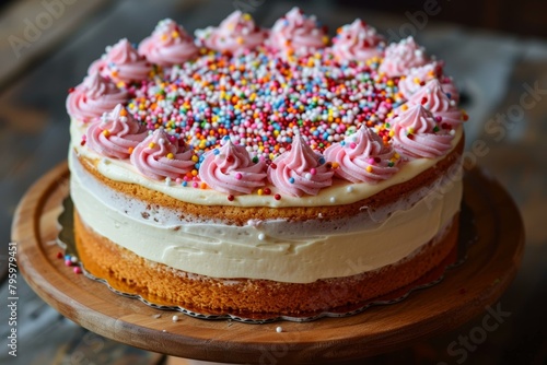 Pink frosted cake with rainbow sprinkles on a wooden cake stand photo