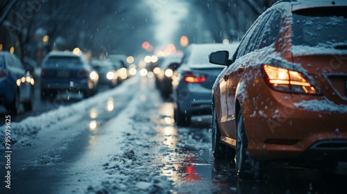 b'Cars drive on a snowy road during a winter storm'