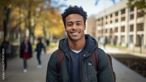 b'A young African-American man smiles while walking on a college campus.'