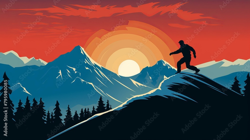 b'A snowboarder rides down a mountainside at sunset.'
