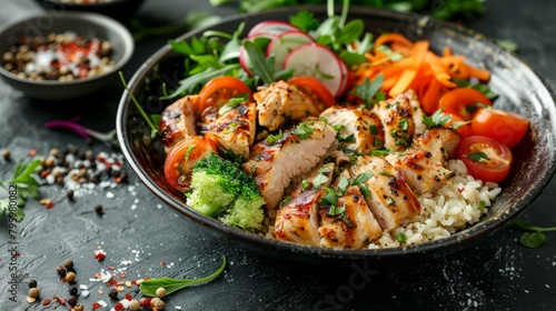 b'Grilled chicken breast with vegetables and brown rice'