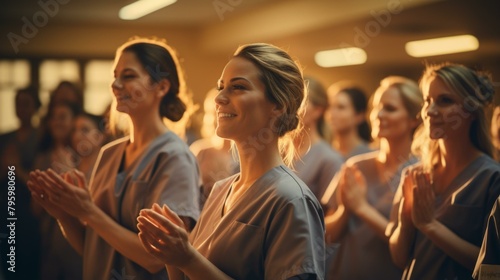b'A group of female nurses are clapping and smiling' photo