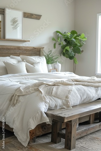 b'cozy neutral bedroom with white bedding and natural textures'