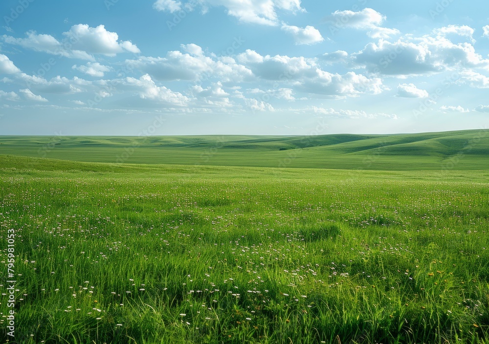 b'Green rolling hills under blue sky and white clouds' b'Green rolling hills under blue sky and white clouds'