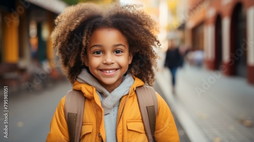 b'portrait of a smiling child with curly hair wearing a yellow jacket and a backpack'
