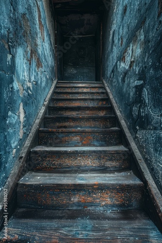 b'Wooden stairs in an abandoned building with blue walls' photo