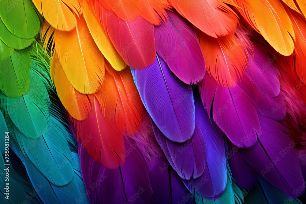 Fototapeta premium Rainbow Feather Palette: Vivid Parrot Feather Gradients in Stunning Display
