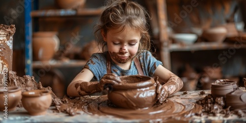 Little girl making a clay pot