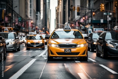 b'A yellow taxi drives down a busy street in New York City.'