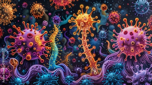 Multi-colored virus germs indicate the condition of the body being infected with disease. © Pattarin