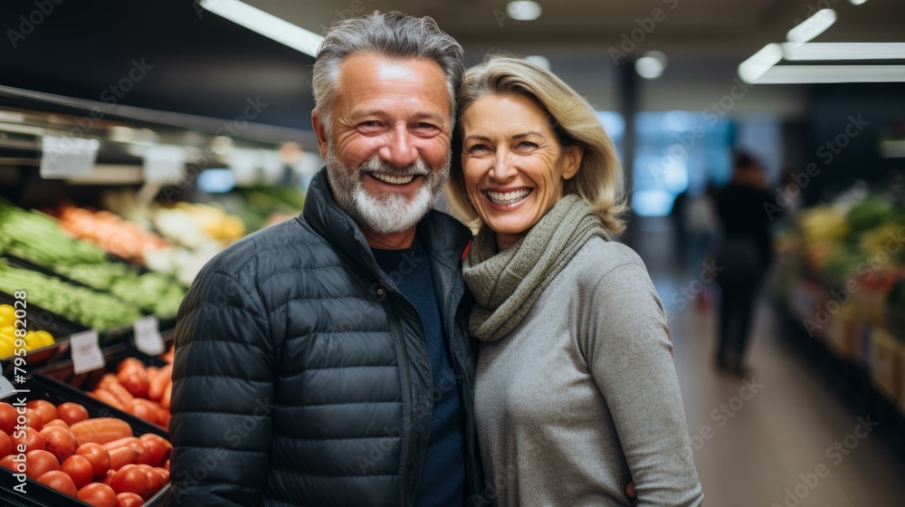 b'Happy senior couple grocery shopping together' b'Happy senior couple grocery shopping together'