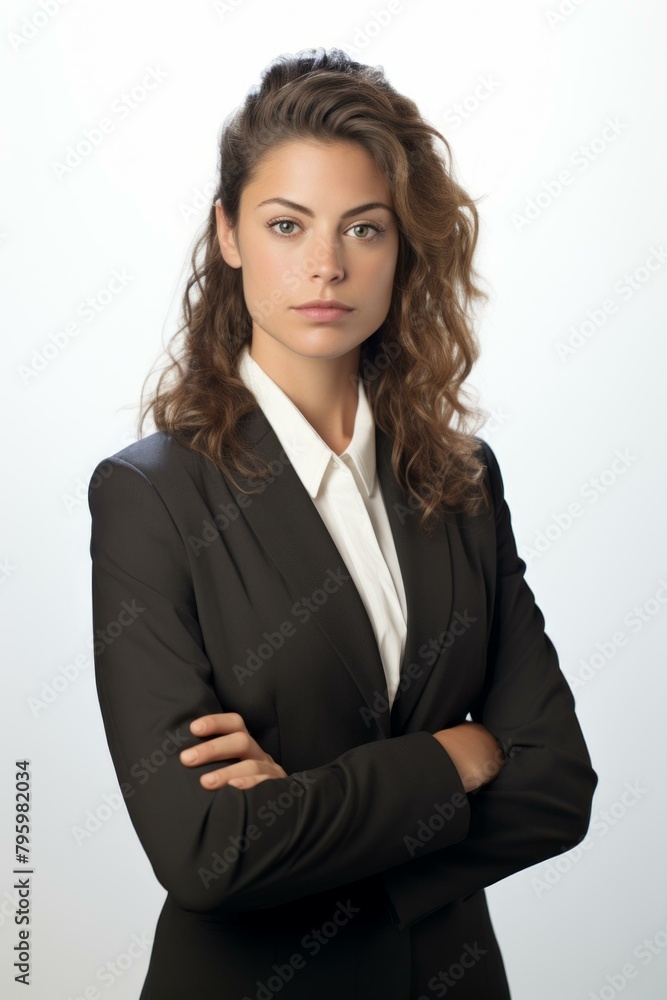 b'Confident businesswoman in a suit with arms crossed' b'Confident businesswoman in a suit with arms crossed'