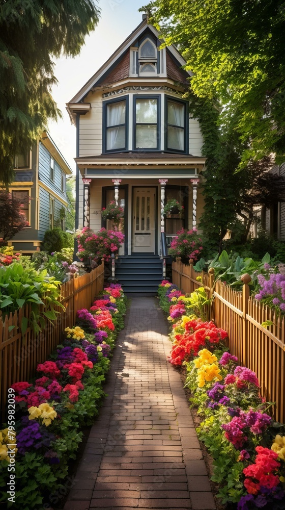 b'A beautiful Victorian home with a colorful garden'