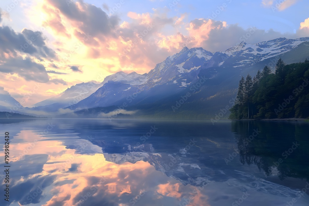 Sunset Reflections on Mountain Lake Landscape