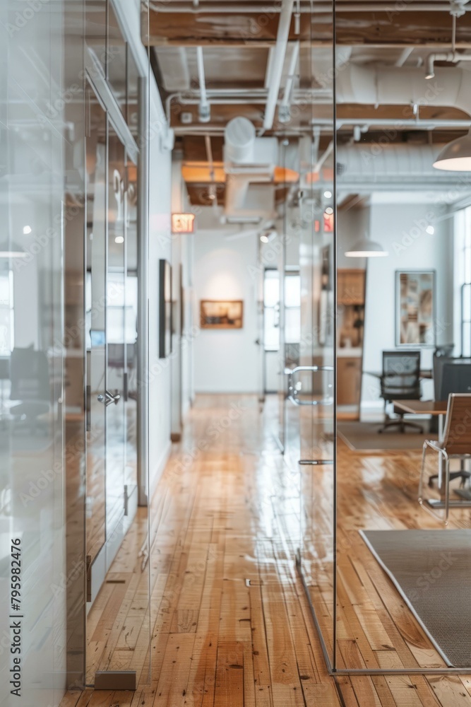 b'An empty office hallway with glass walls and wooden floors' b'An empty office hallway with glass walls and wooden floors'