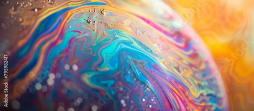 Vivid spillage of colorful liquid substance spread across a smooth surface in close-up view