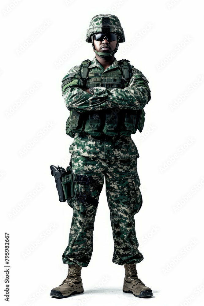 b'A soldier in green camouflage uniform with a helmet and a gun' b'A soldier in green camouflage uniform with a helmet and a gun'