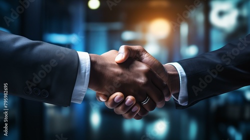 b'Businessmen of African descent shaking hands in agreement with blurred background' photo
