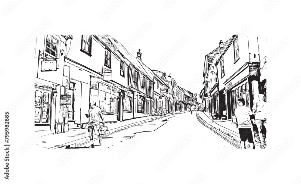 Print Building view with landmark of St Albans is a city in England. Hand drawn sketch illustration in vector. 