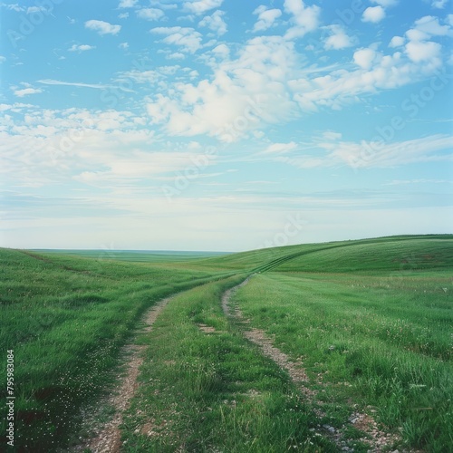 b'dirt road through a lush green grassy hill'