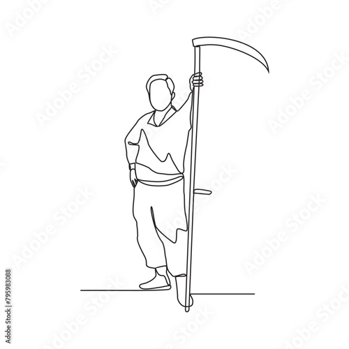 One continuous line drawing of Farmer activity vector illustration with white background. Farmer activity are preparing the soil, seeding, irrigating, weeding, and collecting the mature crops.