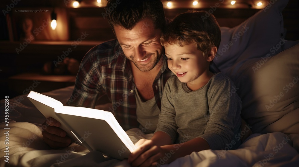 b'Father and son reading a book together in bed' b'Father and son reading a book together in bed'