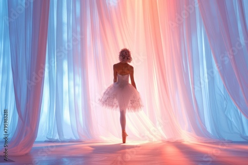 b'ballerina in white tutu dancing on stage with pink and blue curtains'