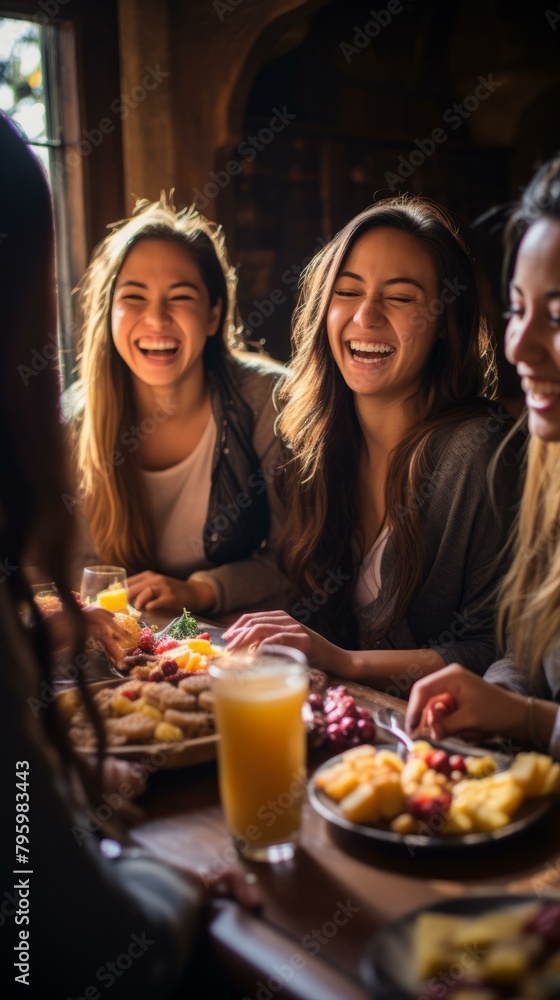 b'Four young women laughing and eating together at a table'