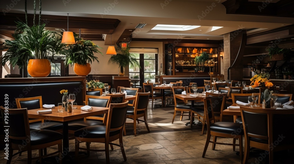 b'Elegant restaurant interior with dark wood and stone'
