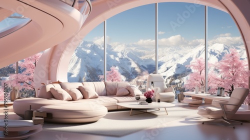 b'pink futuristic living room interior design with large windows and mountain views' photo