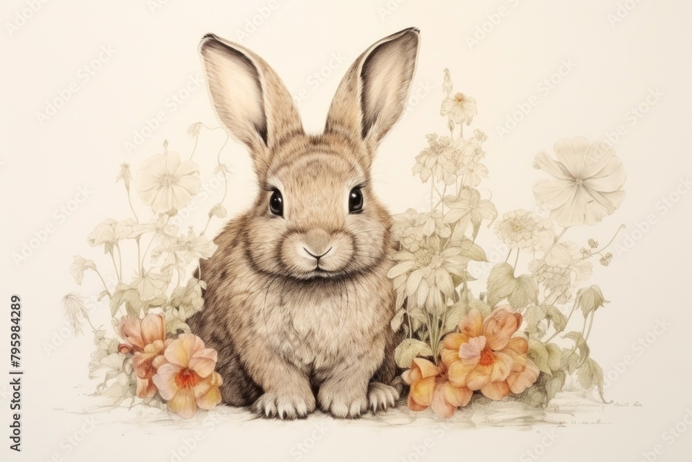 Rabbit with flowers drawing sketch animal.