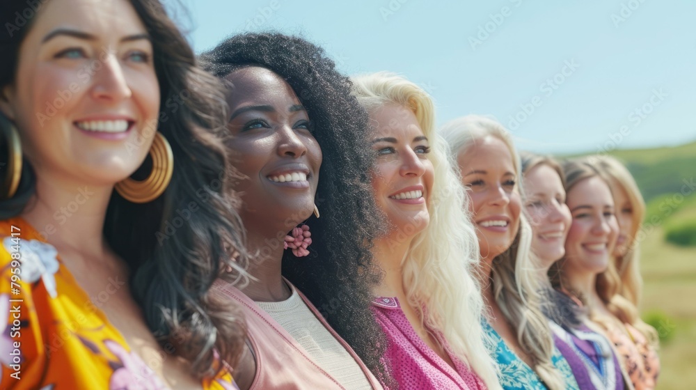 b'A group of diverse women standing together and smiling'