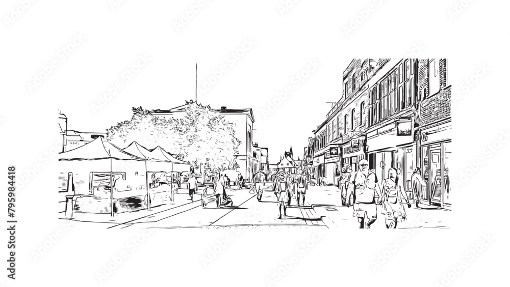 Print Building view with landmark of St Albans is a city in England. Hand drawn sketch illustration in vector. 