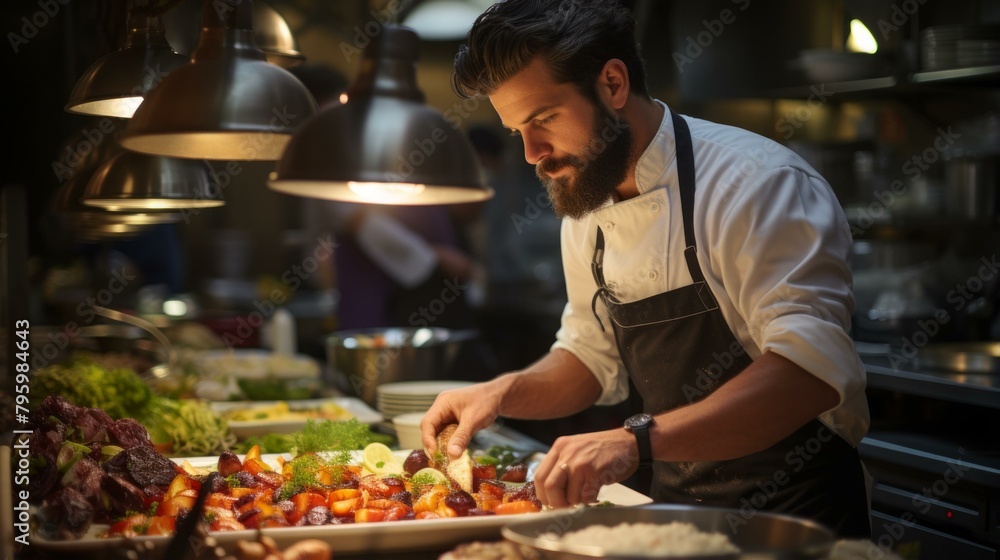 b'Focused male chef carefully preparing a delicious meal in a commercial kitchen'